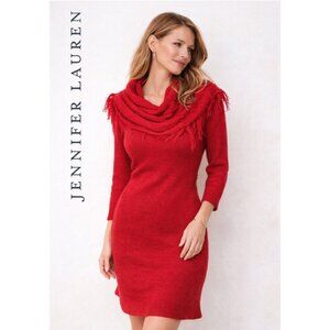 Jennifer Lauren Women Large Fringe Cowl Neck Knitted Red Sweater Dress